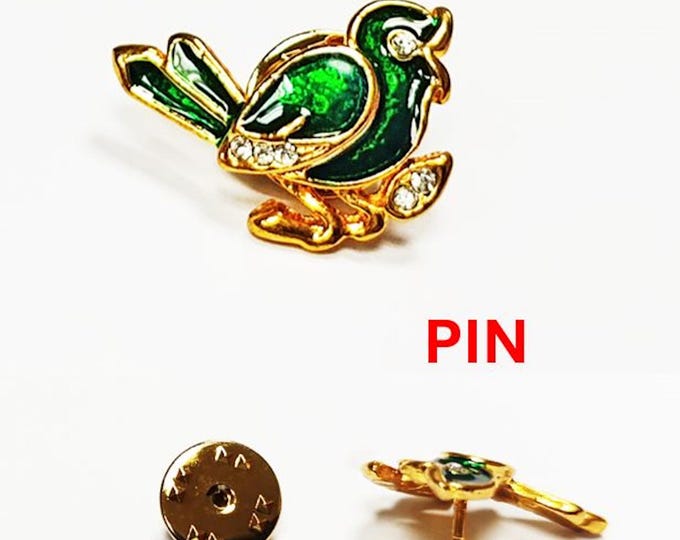 Green Sparrow Lapel Pin • Gilding Fine Gold, Green Enamel & Crystal Brooch • Accessory for Jacket, Bags • Nature Ornithology Bird Lover Gift