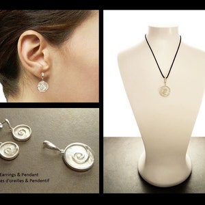 Spiral Earrings Set, Sterling Silver 925, White Mother of Pearl Shell Jewelry, Geometric Round Earrings and Pendant Set, Modern Disc Jewelry image 6