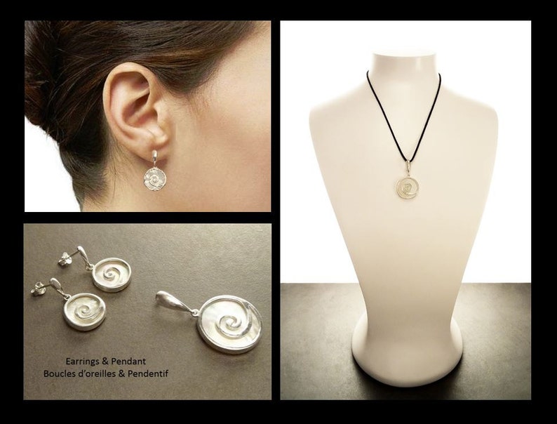 Spiral Earrings Set, Sterling Silver 925, White Mother of Pearl Shell Jewelry, Geometric Round Earrings and Pendant Set, Modern Disc Jewelry image 6