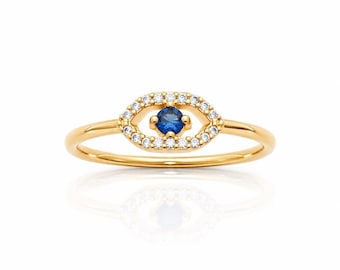 Protective Eye Ring • Gold plated 18k • Blue Sapphire Cz & Diamond Cz Pave Open Band • Talisman Jewelry