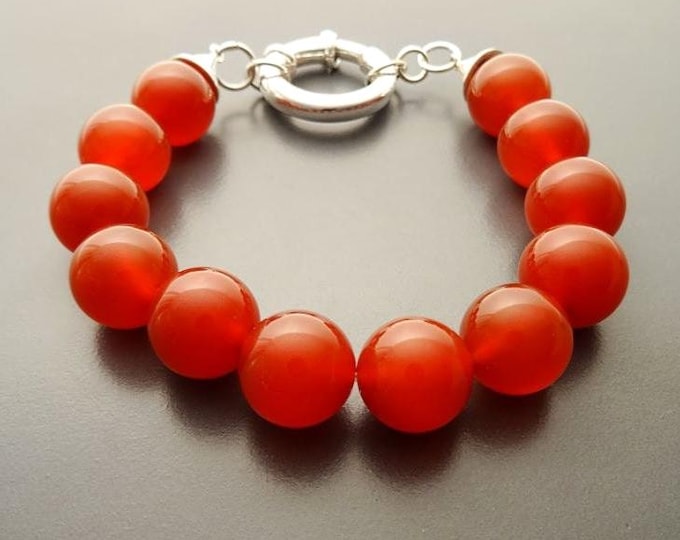 Red Stone Bracelet, Sterling Silver Clasp, Red Agate Stones, Beaded Ball Bracelet, 10 mm diameter balls, Women Round Bracelet.
