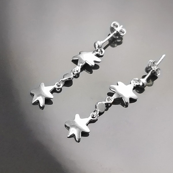 Boucles d'oreilles étoiles, argent 925, étoile plate pendante, constellation d'étoiles de l'espace, anneau cosmos, étoile filante