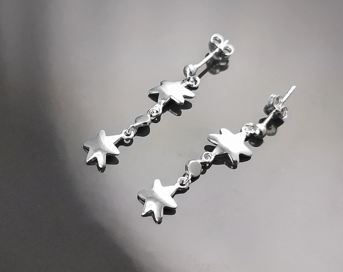 Stars Earrings, Sterling Silver, Dangle Flat Star, Universe Cluster of Stars, Starry Constellation Jewelry, Cosmos Theme, Shooting Star