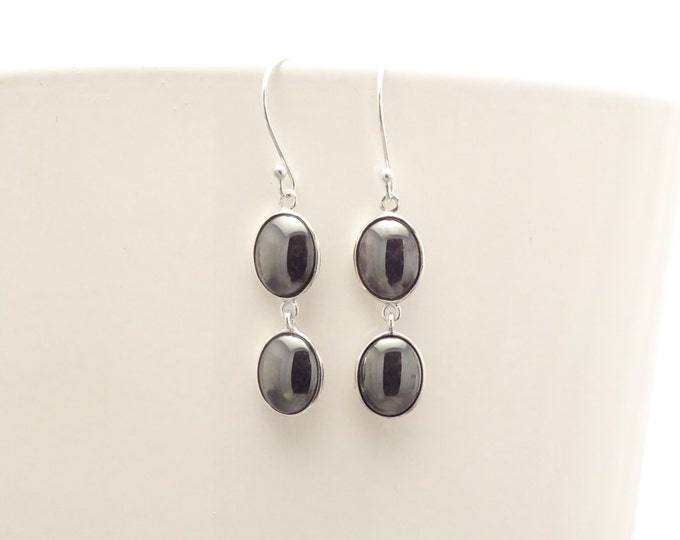 Gray Hematite Stone Earrings, Sterling Silver, NATURAL Grey Hematite Gemstone, Minimalist Modern Jewelry, Dangle Drop Oval 2 Stones Earrings