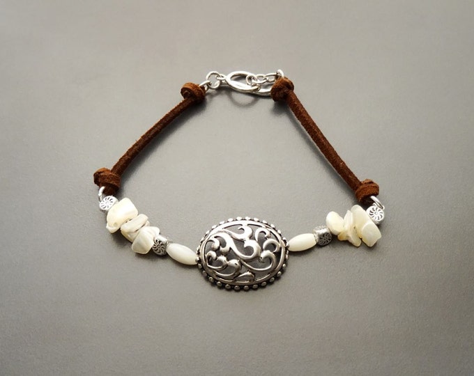 Baroque Brown Bracelet, Sterling Silver, Raw White Mother of Pearl Shell, Vintage Boho Stone Filigree jewelry, Leather Cord Bracelet