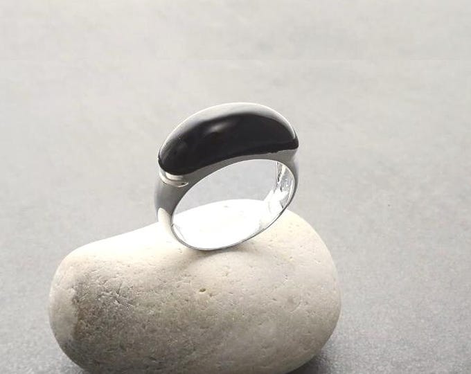 Black Domed Ring - Sterling Silver - Black Onyx Stone, Oval Stone Cabochon Horizontal Stone Band Ring, Dainty Everyday Modern Ring