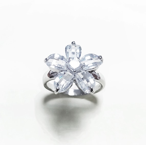 アクセサリー Flower Silver Ring  |  Silver 925 Flower Ring Sterling Silver 925, Clear White Stones Color