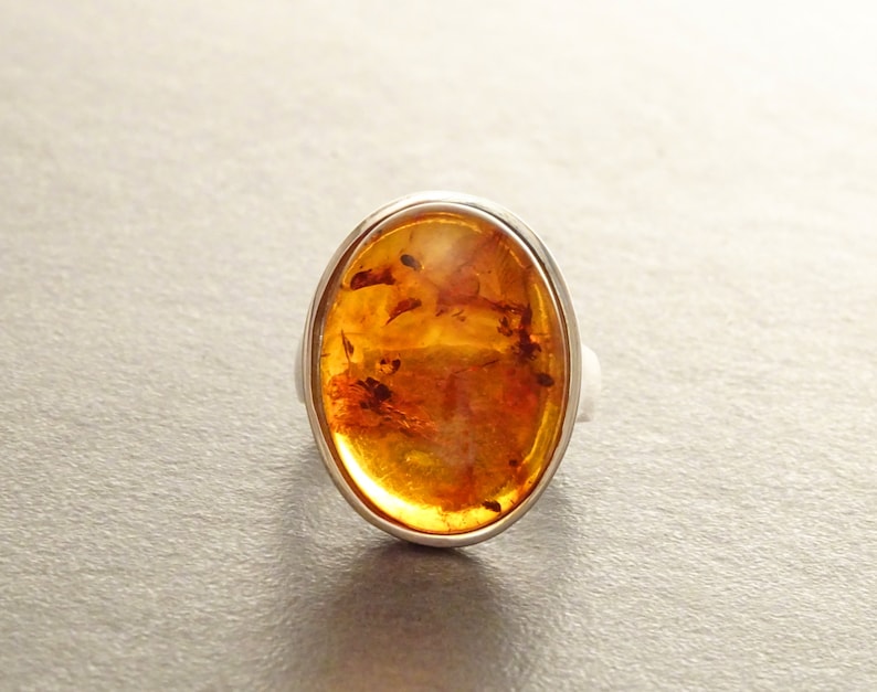Amber ring, sterling silver ring, genuine cognac color amber with inclusions jewelry, oval stone ring, modern minimalist designer ring image 3