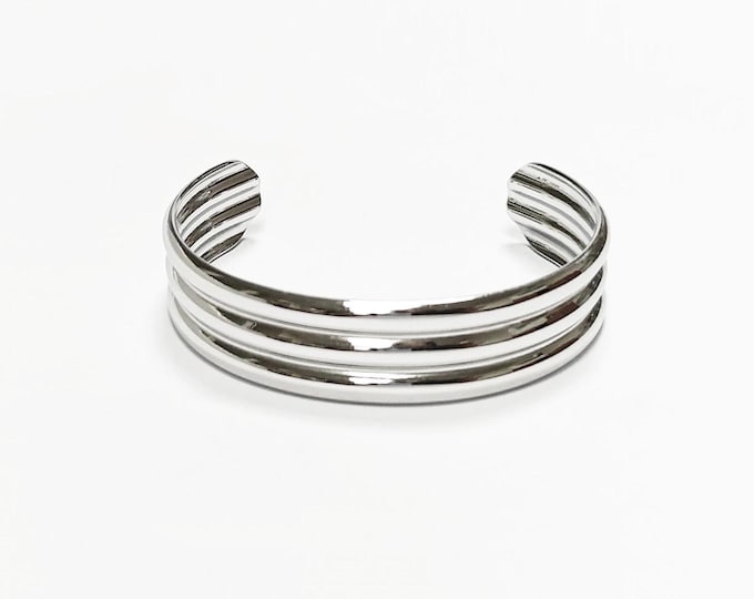 Triple Row Gold Cuff • Stainless Steel • Modern Stacked Three Row Band Lines Open Bangle • Statement Minimalist Jewelry • Gift for Women