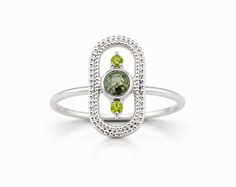 Boho Green Halo Ring • Sterling Silver • Dalmatian Jasper Stone Open Frame Band • Vintage Design Jewelry
