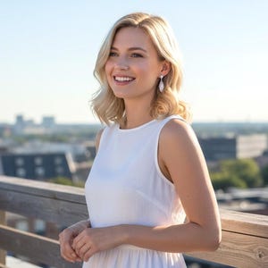 May include: A sleeveless white dress with a round neckline and a fitted bodice, paired with long, dangling silver earrings featuring a teardrop-shaped stone. The garment is made of a lightweight, smooth fabric and features a clean, simple design.