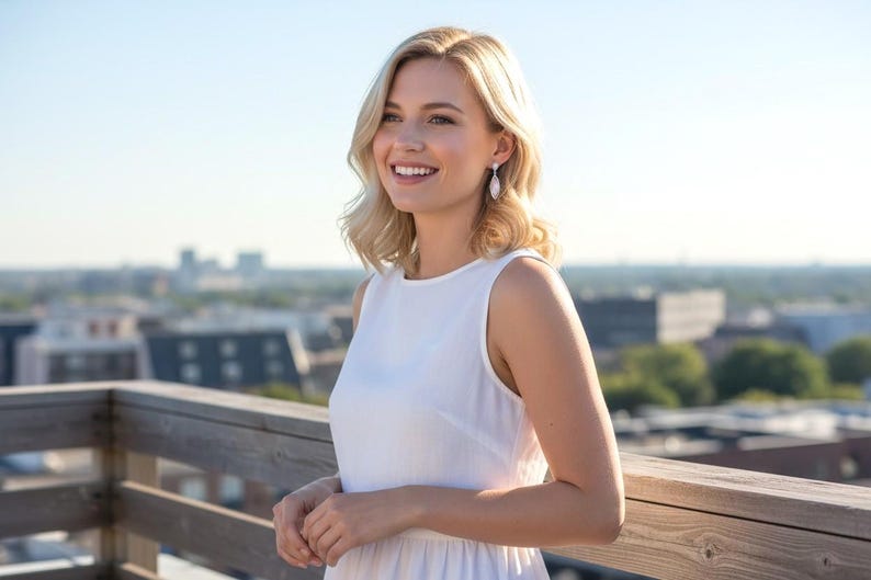 May include: A sleeveless white dress with a round neckline and a fitted bodice, paired with long, dangling silver earrings featuring a teardrop-shaped stone. The garment is made of a lightweight, smooth fabric and features a clean, simple design.