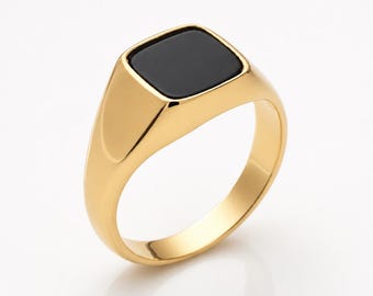 Black Onyx Signet Ring • 18K Gold Plated • Band with Square Stone • Minimal Unisex Jewelry