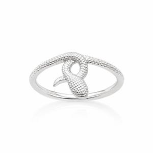 Op de afbeelding: Een zilveren ring met een gestructureerd slangontwerp dat om de band heen wikkelt. Het metalen oppervlak heeft een gedetailleerd, schubachtig patroon en vormt een doorlopende lus waarbij de kop van de slang op de ring zelf rust.