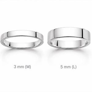 May include: Two silver rings with a flat band design. One ring is 3 mm wide, and the other is 5 mm wide. The rings are displayed on a white background. The text "3 mm (M)" and "5 mm (L)" are below the rings.
