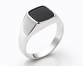 Black Onyx Signet Ring • Sterling Silver 925 • Band with Square Stone • Minimal Unisex Jewelry