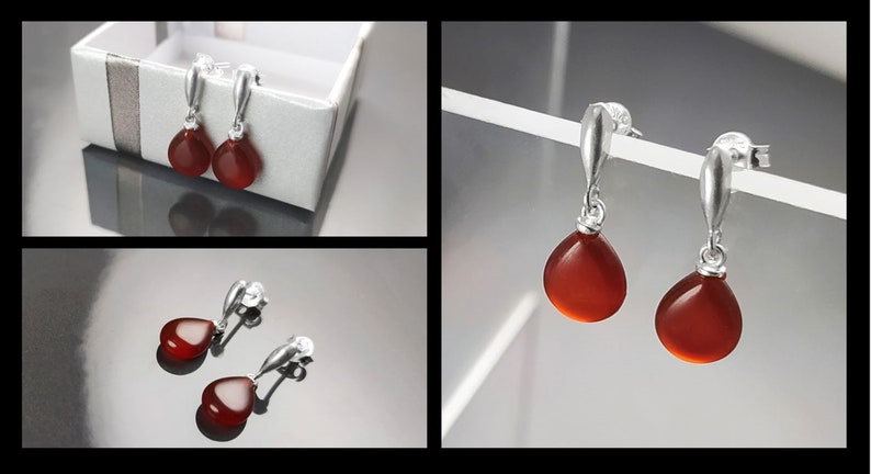 Red Stone 925 Earrings Sterling Silver Hook Earrings Drop Earrings Red Stones Cz Red Agate Silver Earrings Modern Dangly Agate image 7