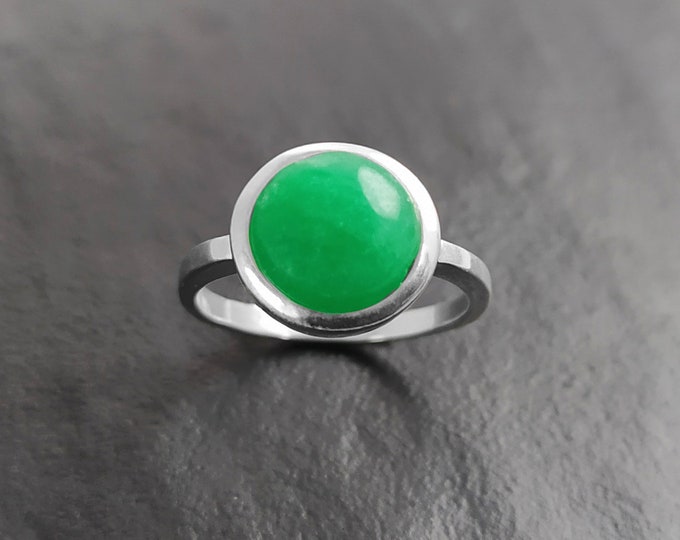 Genuine Jade Ring, Sterling Silver, Round Greenery Stone Ring, Imperial Green Jade Gemstone Birthstone Jewelry, Modern Minimalist Gift