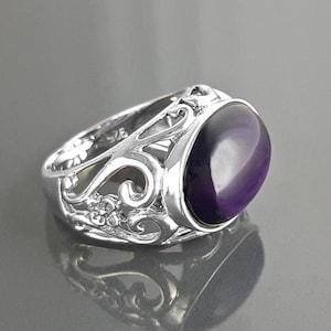 boho amethyst ring, sterling silver, genuine purple amethyst stone ring, vintage art nouveau jewelry art deco