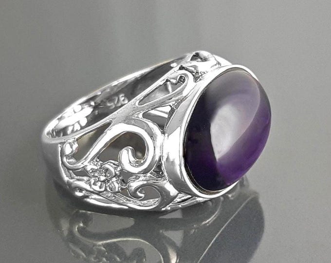 boho amethyst ring, sterling silver, genuine purple amethyst stone ring, vintage art nouveau jewelry art deco