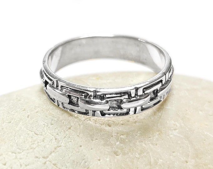 Band Sterling Silver Ring, Geometric Frieze Pattern Ring, Ring 925 Rectangle Drawing, Silver 925 Ring Tribal Tattoo Pattern Unisex.