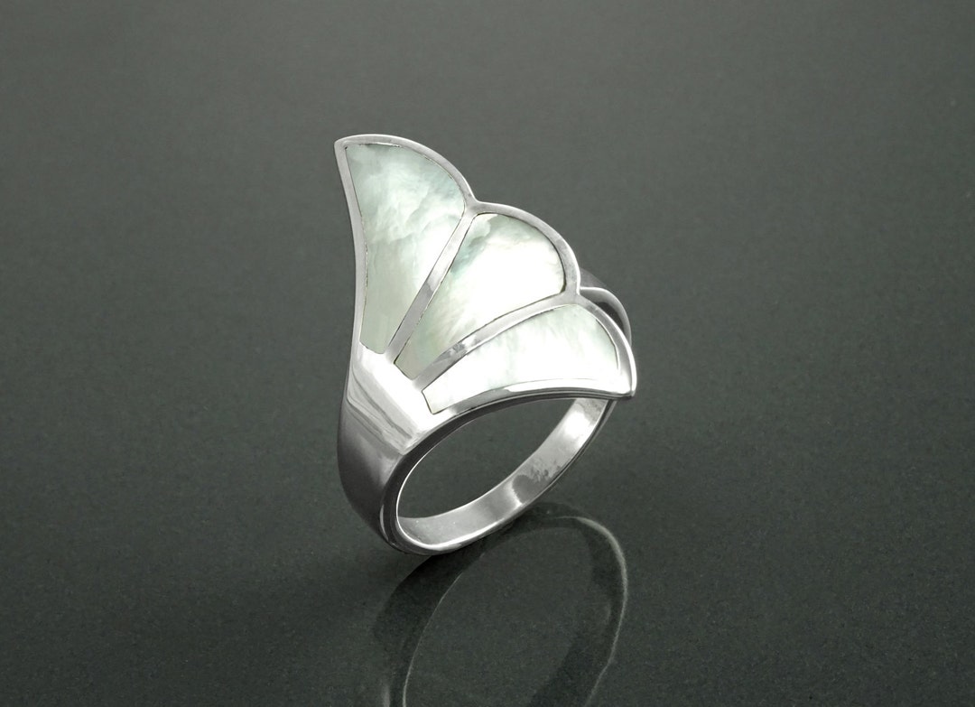 White Shell Ring, Sterling Silver, Flat Stone Ring, Genuine Mother of ...