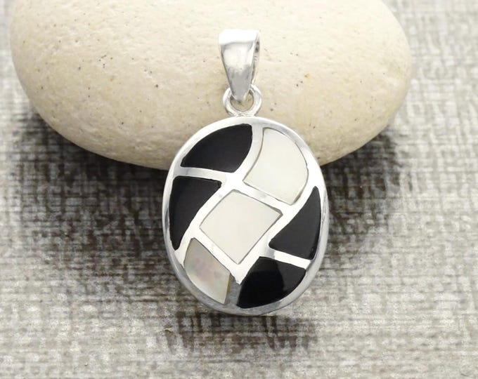Black Oval Pendant Necklace, Sterling Silver, Black Onyx Stone and White Mother of Pearl Shell, Mosaic Geometric Waves Checkered Jewelry