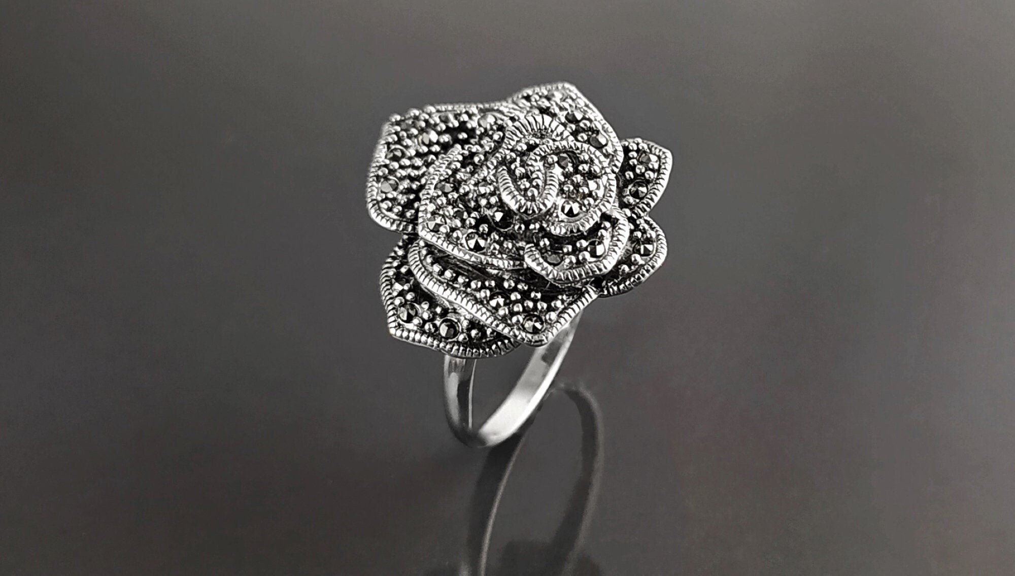 Rose Ring, Sterling Silver, Marcasite Jewelry, Vintage Romantic