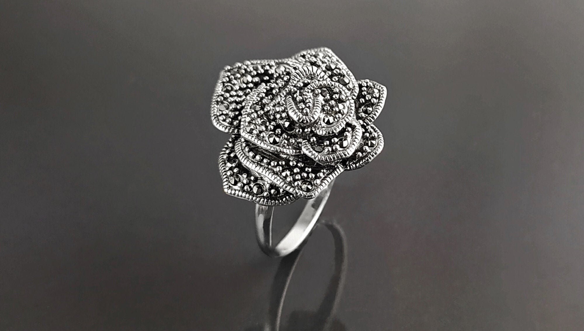 Rose Ring Sterling Silver Marcasite Jewelry Vintage Romantic