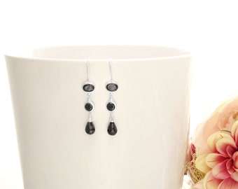 Chandelier Earrings - Hook Earrings - Sterling Silver - Drop Earrings - Black Sapphire - Blue Cubic Zirconia - Long silver earrings