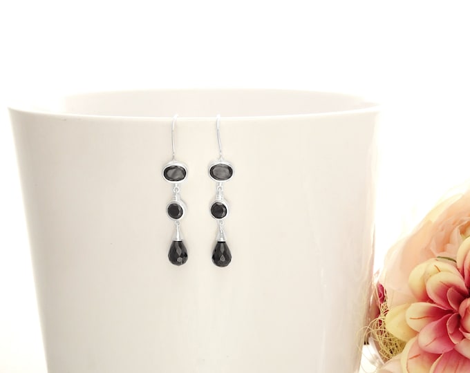 Black Drop Earrings - Hook Earrings - Sterling Silver - Chandelier Earrings - Black Color Cubic Zirconia - Long silver earrings