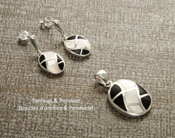Onyx Earrings Set, Sterling Silver, Bicolor Black Stones Oval Mosaic White Mother of Pearl Shell, Modern Geometric Stone Checkered Jewelry
