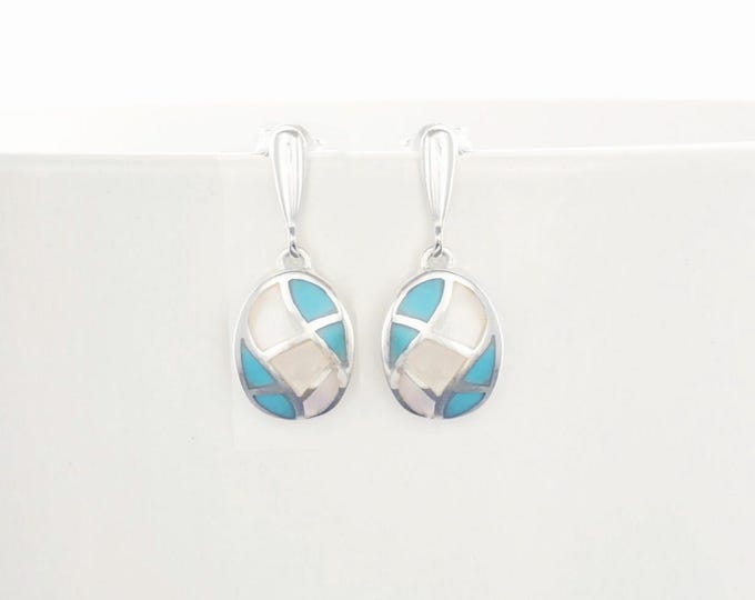 Turquoise Earrings, Sterling Silver, Blue and White Stones, Mother of Pearl Shell and Turquoise Stone, Modern Geometric Oval Mosaic Jewelry