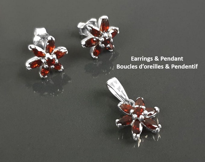 Red Flower Earrings Pendant SET, Sterling Silver, Dainty Stud Earrings, Garnet Color Cz, Tiny Floral Pendent jewelry, Gift for her