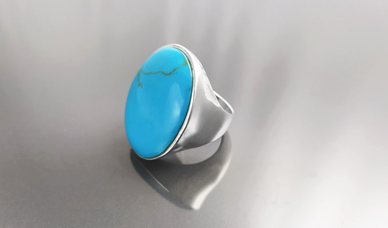 Turquoise Ring, Sterling Silver, Blue Turquoise Stone, Original Oval Form Jewelry, Unique Statement Modern Ring image 1