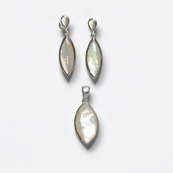 925 White Shell Dangle Earrings Sterling Silver, Mother of Pearl Dangle Earrings Pendant Set, Oval Stone Jewelry, KRAMIKE Earrings MOP.