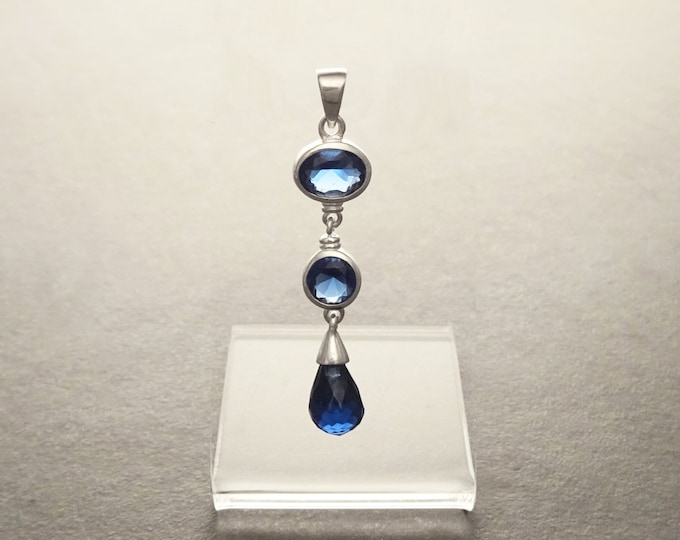 Sapphire Long pendant, Sterling Silver, Lab Sapphire Pendant, Unique Modern Jewelry, Deep Blue, Dangle 3 Stones Teardrop Set, Bezel Setting
