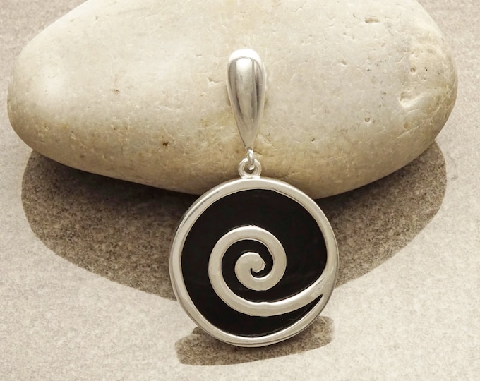 Black Spiral Pendant, Sterling Silver, Onyx Pendant, Black Stone Pendant, Geometric Spiral Jewelry