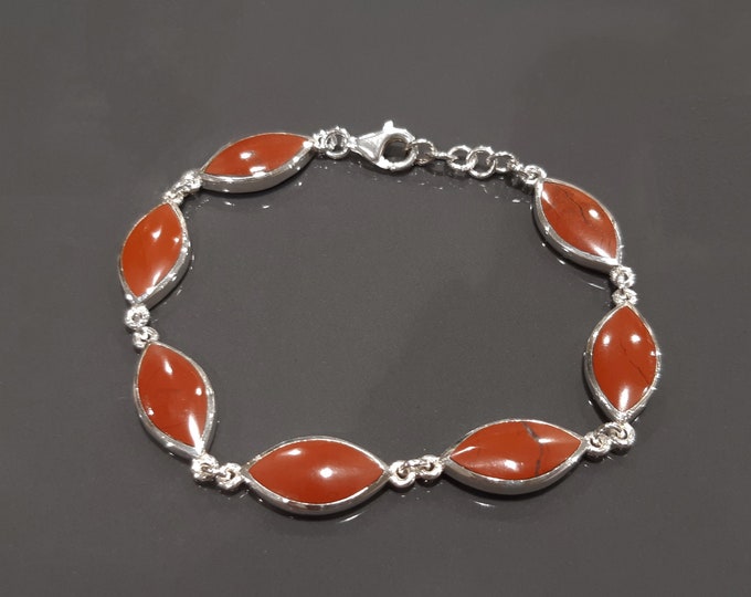 Red Stone Bracelet, Sterling Silver, Genuine Red Oval Jasper Stones Bracelet, Modern Multi Stones Jewelry, Gift for Woman