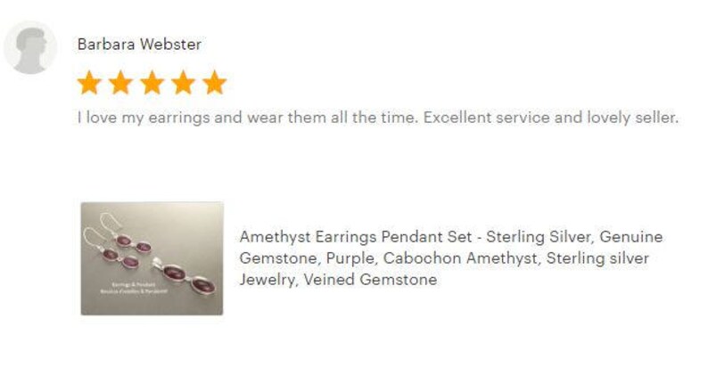 May include: An image of an Amethyst Earrings Pendant Set. The set includes earrings and a pendant with purple cabochon amethyst gemstones. The jewelry is sterling silver. The image also includes a customer review.