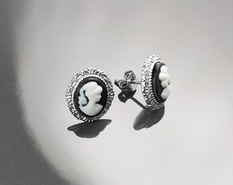 Cameo Earrings - Sterling Silver Black and white Resin stone Cameo - Vintage Victorian Jewelry - Studs Earrings System