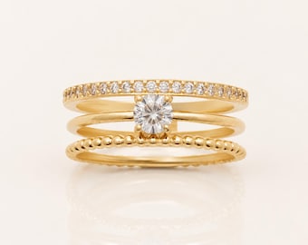 Triple Band Solitaire Ring • Gold plated 18K • Pavé Diamond Cz Half Eternity and Bubble Band • Elegant Jewelry