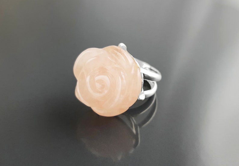 Rose Ring, Sterling Silver made, engraved stone, NATURAL Rose Quartz Gemstone jewelry, Rose flower, Floral design, Birthstone Ring image 2