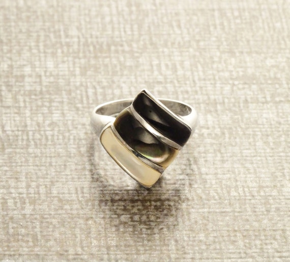 Bague Trois Couleurs Bague Argent Massif 925 Onyx Noir Nacre Grise Nacre Blanche Bague Minimaliste Bague Losange Bague Trois Bandes Etsy France