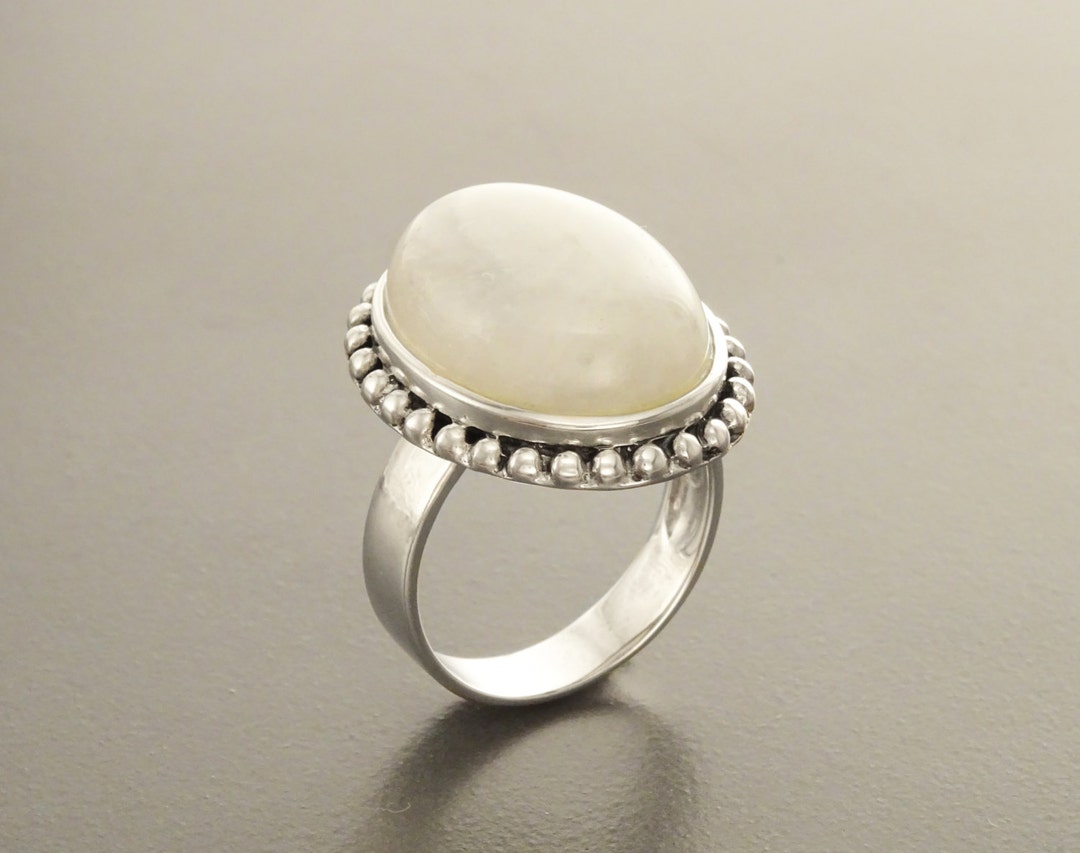 9mm Natural Moonstone Ring – White Gold Plated Sterling Silver Filigree Swirl Design, Size 6, June Birthstone
