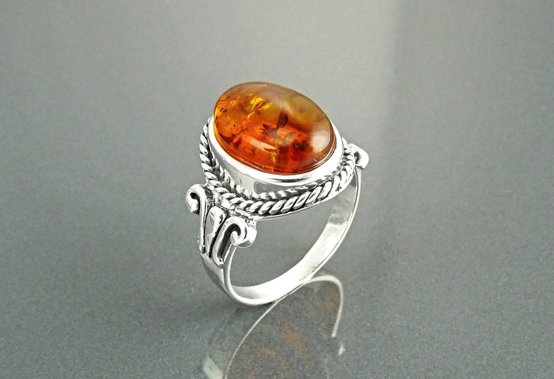 Bague Ambre Vintage, Argent 925, Bijou Ambre Véritable, Anneau