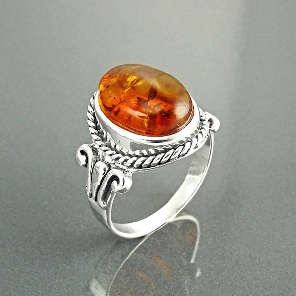 Bague Ambre Vintage, Argent 925, Bijou Ambre Véritable, Anneau Unisexe Boho, Pierre Brune Ovale, Bague Baroque, Monture Travaillée Hipster