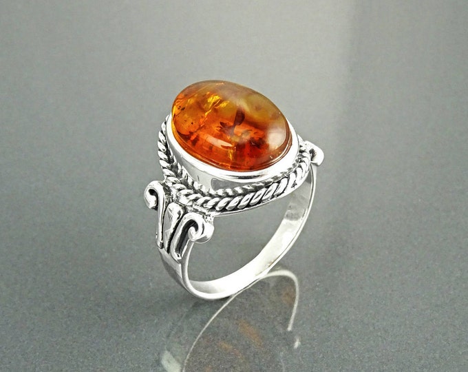 Amber Hipter Ring, Sterling Silver, GENUINE Amber Gemstone Jewelry, Boho Unisex Ring, Vintage Oval Stone Ring, Delicate Rope Shank Band