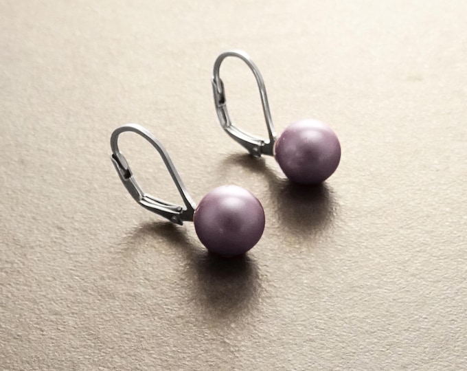 8 mm GENUINE Purple Shell Pearl Earrings, Sterling Silver, Lever Back Earrings, Minimalist, Pearl Jewelry, Prom, Wedding, Bridesmaids Gifts