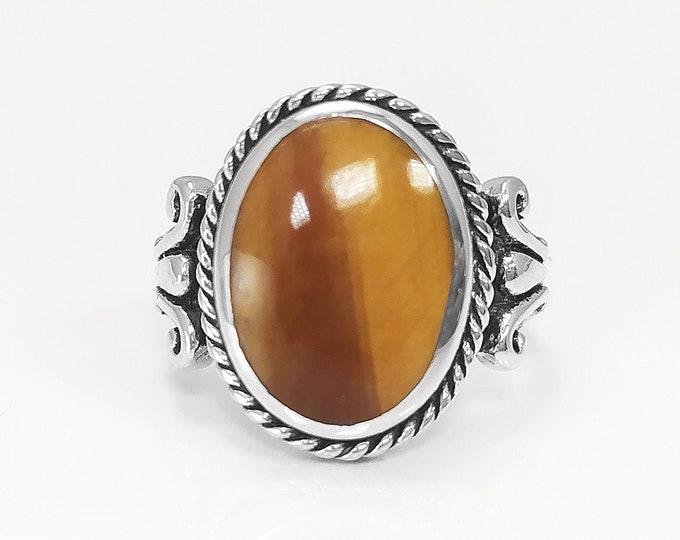 Tiger Eye Ring, Sterling Silver, NATURAL Brown Oval Stone Ring, Rope Ring, Unique Antique Signet Ring, Vintage Hipster Boho Unisex Jewelry